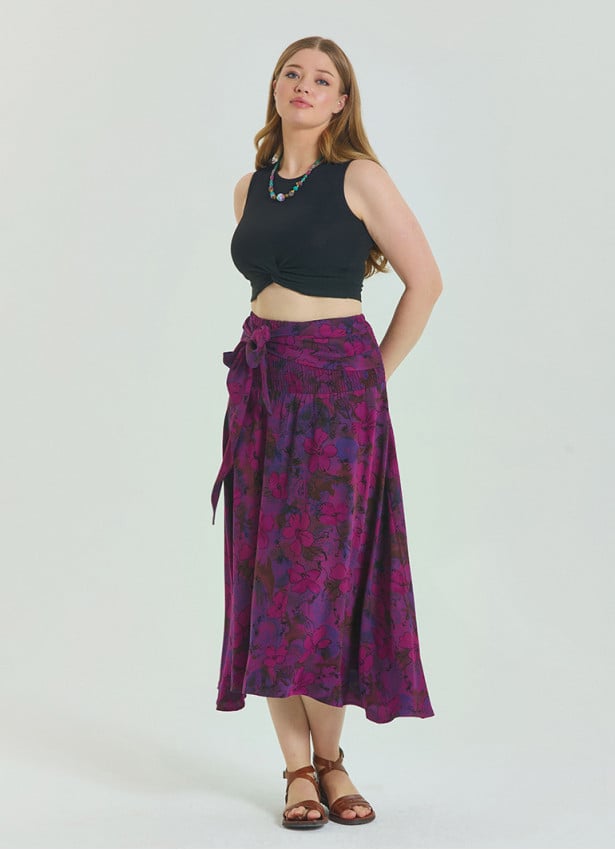 Gipe Waist Tied Wine Patterned Plus Size Skirt 4598
